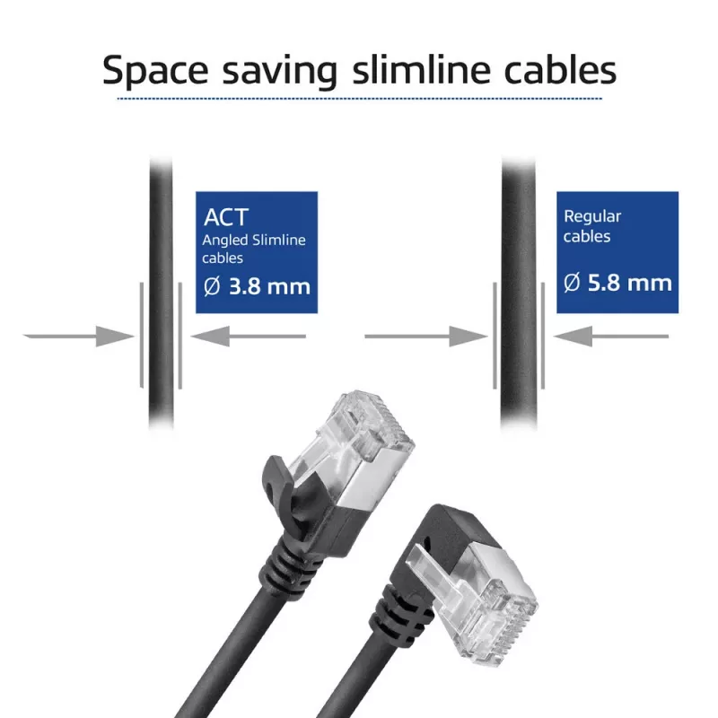ACT Black 1,5 m U/FTP CAT6A LSZH plonas pataisymo kabelis su RJ45 jungtimis 90° kampu į kairę ir tiesia