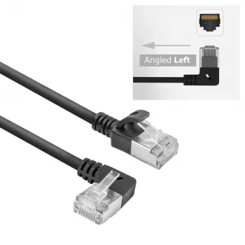 ACT Black 0,25 m U/FTP CAT6A LSZH plonas jungiamasis kabelis su RJ45 jungtimis 90° kampu į kairę ir tiesia