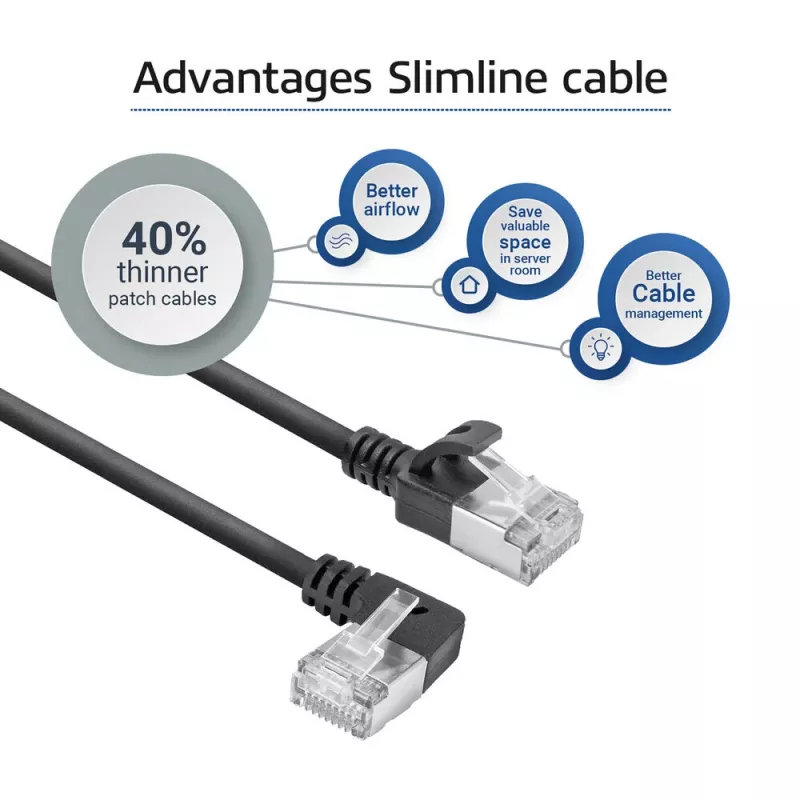 ACT Black 0,25 m U/FTP CAT6A LSZH plonas jungiamasis kabelis su RJ45 jungtimis 90° kampu į kairę ir tiesia