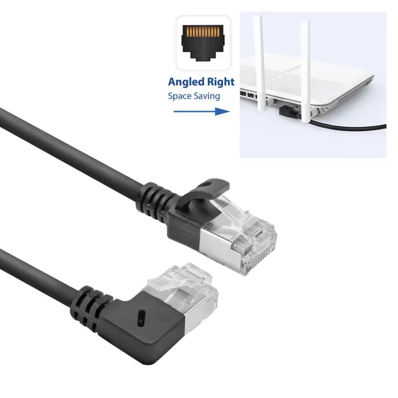 ACT Black 0.5 m U/FTP CAT6A LSZH Slimline jungiamasis laidas su RJ45 kištukais 90° kampu į dešinę į tiesų