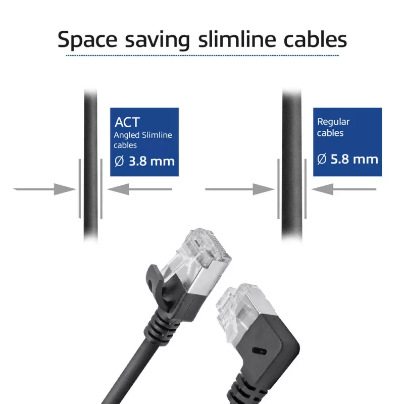 ACT Black 1 m U/FTP CAT6A LSZH plonas pataisos kabelis su RJ45 jungtimis 90° kampu į dešinę ir tiesia