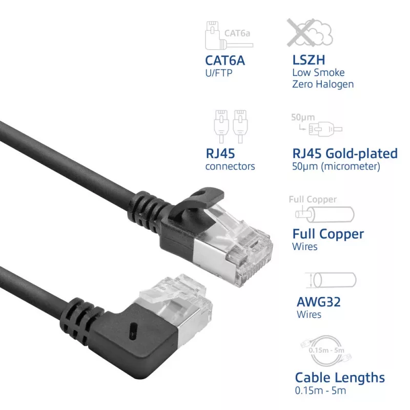 ACT Black 3 m U/FTP CAT6A LSZH plonas pataisos laidas su RJ45 jungtimis 90° kampu į dešinę ir tiesia
