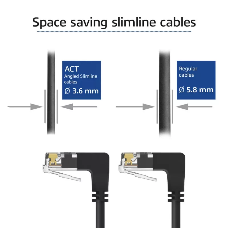 ACT Black 1 m U/UTP CAT6A LSZH Slimline patch laidas su RJ45 kištukais 90° kampu žemyn iki 90° kampu žemyn