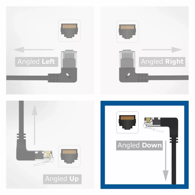 ACT Black 1 m U/UTP CAT6A LSZH Slimline patch laidas su RJ45 kištukais 90° kampu žemyn iki 90° kampu žemyn