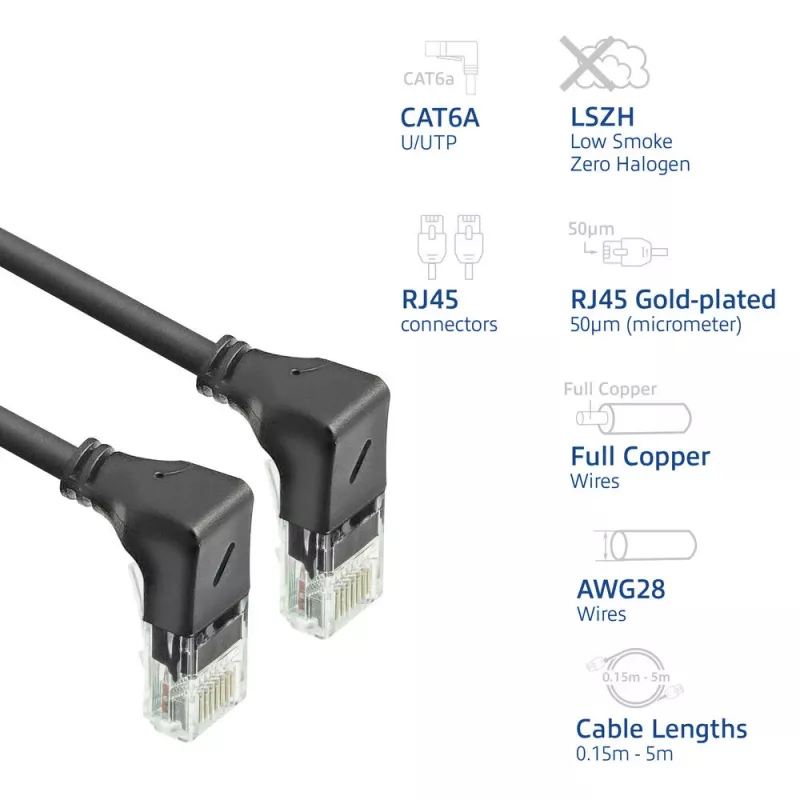 ACT Black 5 m U/UTP CAT6A LSZH Slimline jungiamasis laidas su RJ45 jungtimis 90° žemyn iki 90° žemyn