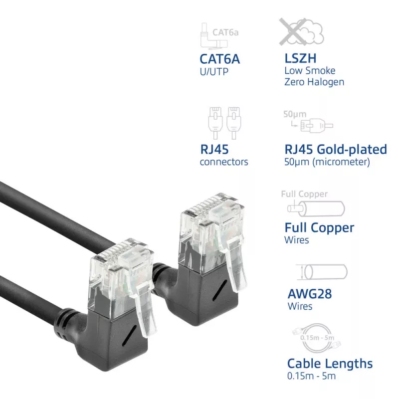 ACT Black 0.15 m U/UTP CAT6A LSZH plonas pataisos laidas su RJ45 90° kampu į viršų jungtimis