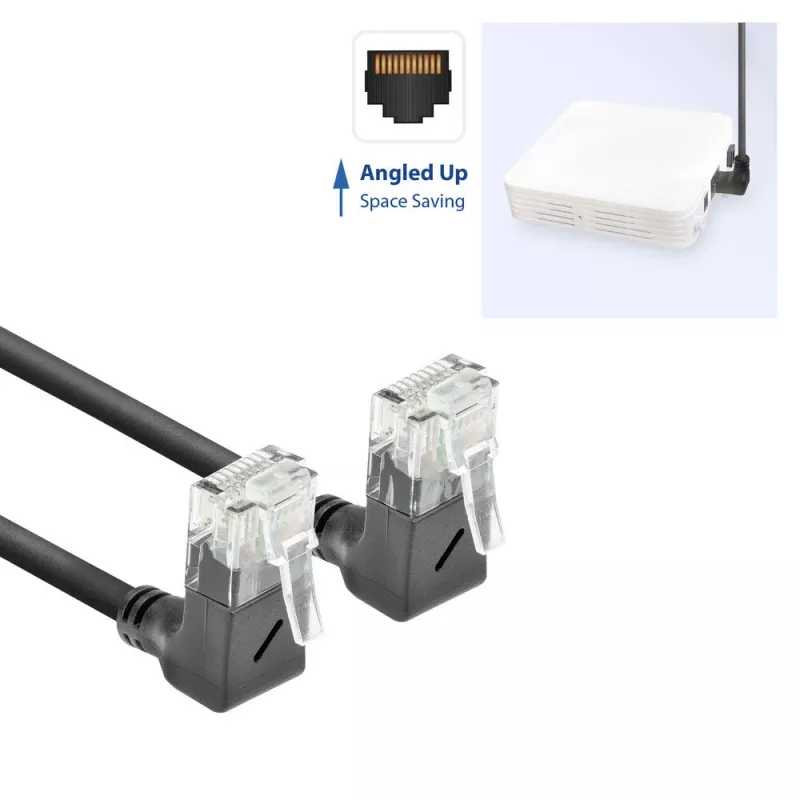 ACT Black 0.15 m U/UTP CAT6A LSZH plonas pataisos laidas su RJ45 90° kampu į viršų jungtimis
