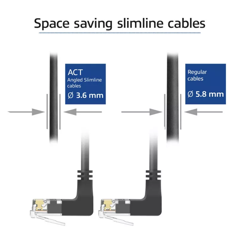 ACT Black 0.15 m U/UTP CAT6A LSZH plonas pataisos laidas su RJ45 90° kampu į viršų jungtimis