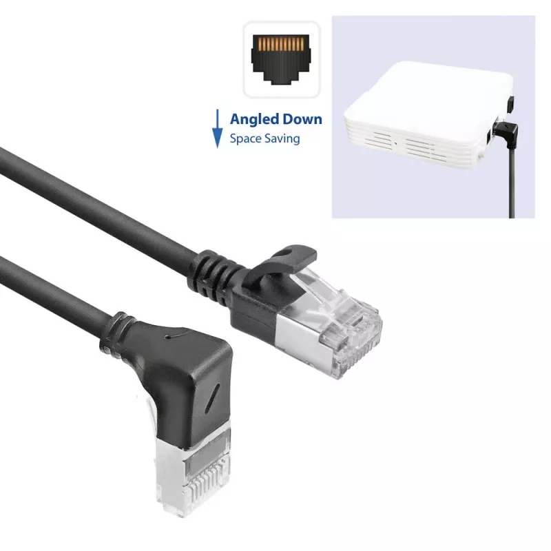 ACT Black 2 m U/FTP CAT6A LSZH plonas šokinėjimo kabelis su RJ45 jungtimis 90° kampu žemyn į tiesią