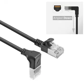 ACT Black 5 m U/FTP CAT6A LSZH Slimline patch laidas su RJ45 jungtimis 90° kampu žemyn į tiesų