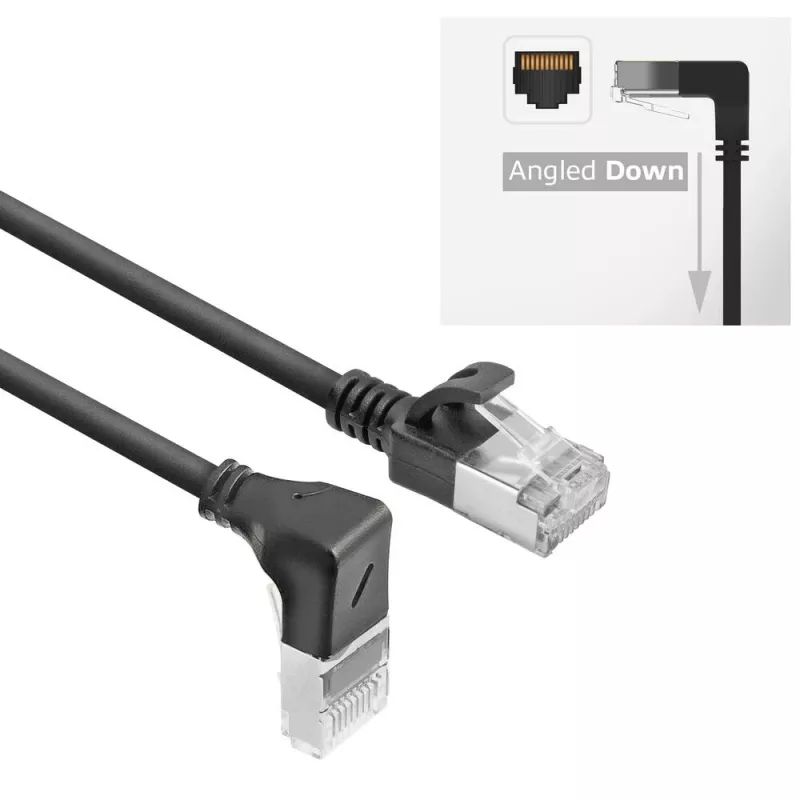 ACT Black 5 m U/FTP CAT6A LSZH Slimline patch laidas su RJ45 jungtimis 90° kampu žemyn į tiesų