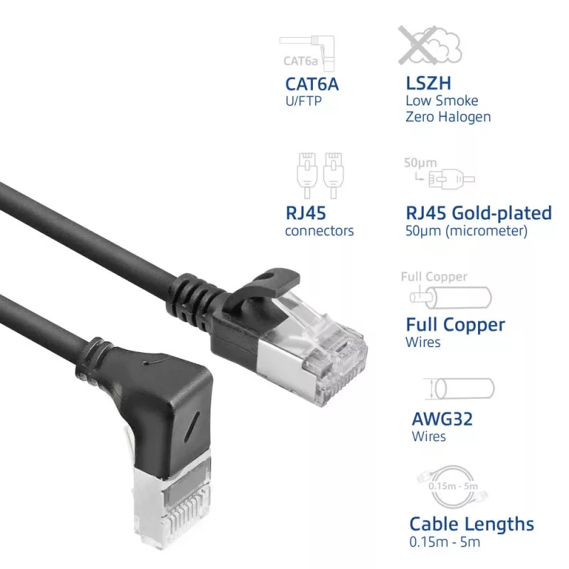 ACT Black 5 m U/FTP CAT6A LSZH Slimline patch laidas su RJ45 jungtimis 90° kampu žemyn į tiesų