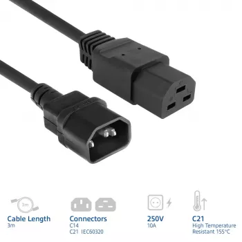 ACT maitinimo laidas C14–C21 IEC60320 juodas 3 m, 250 V 10 A