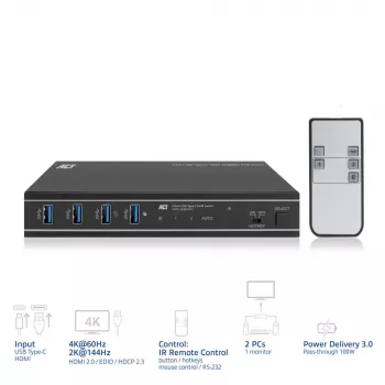 KVM jungiklis ACT 2 prievadų USB-C/HDMI 4K@60Hz AC7922 su USB klaviatūra/pele, HDMI vaizdu, 100W PD