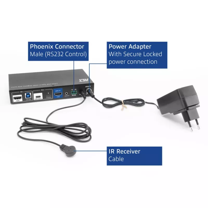 KVM jungiklis ACT 2 prievadų USB-C/HDMI 4K@60Hz AC7922 su USB klaviatūra/pele, HDMI vaizdu, 100W PD