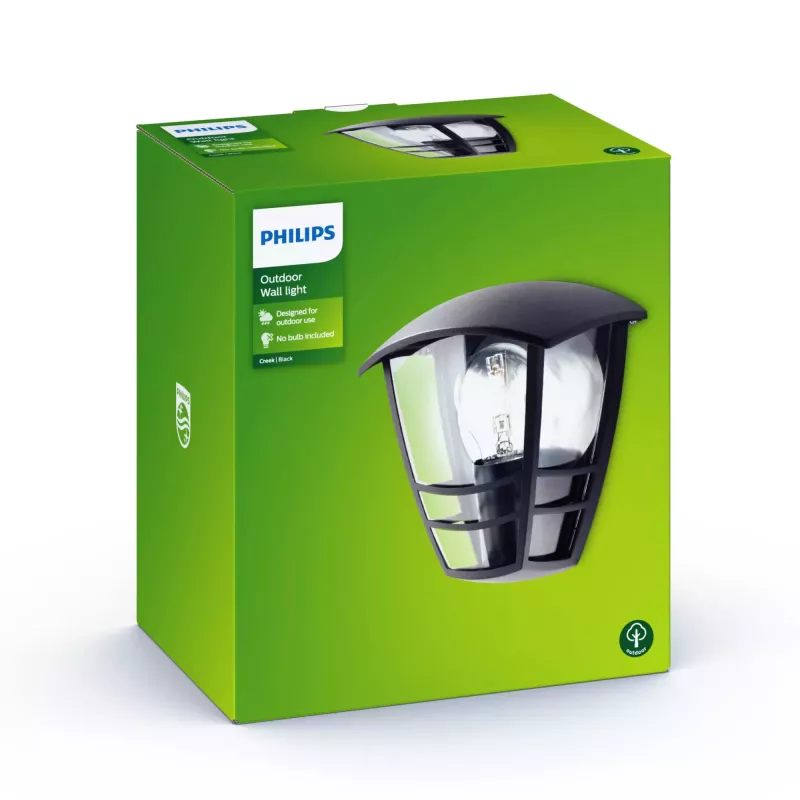 Philips myGarden Creek sieninis šviestuvas 60W E27 be lemputės, juodas, metalas, IP44, sodui, terasai, II klasė
