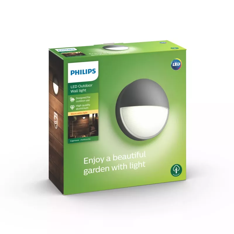 Sieninis lauko šviestuvas Philips myGarden Capricorn 5.5W LED antracitas, aliuminio korpusas, fiksuota lemputė, 214×78×214 mm