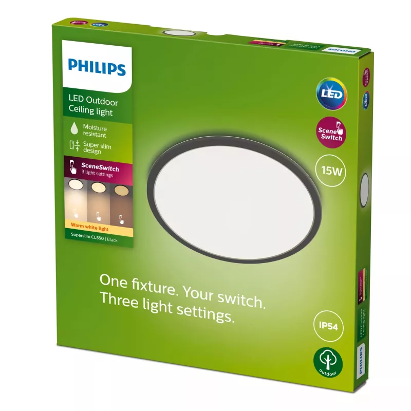 Philips Superslim lubinis šviestuvas 15W, juodas, metalas, plastikas, IP54, terasa, sodas, II, modernus