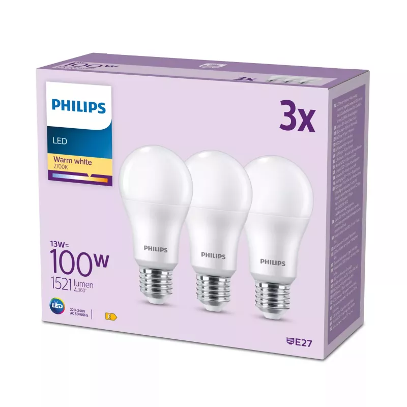 Philips lemputė 100W A65 E27 x3, 13 W, 100 W, E27, 1521 lm, 15000 h, Šilta balta
