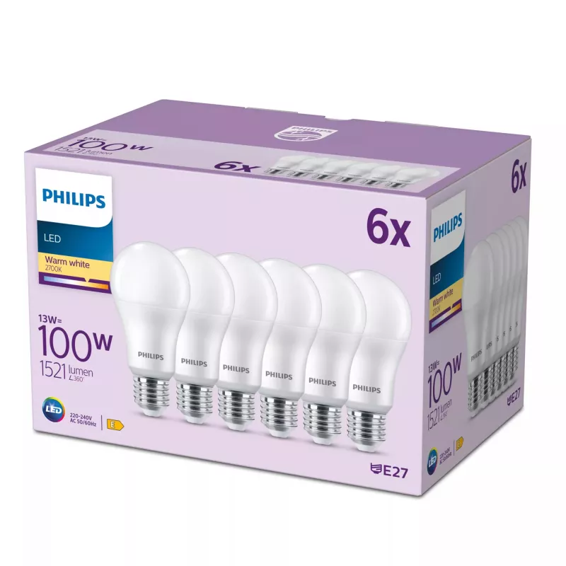 Philips LED lemputė 100W A65 E27 x6, 13 W, 100 W, E27, 1521 lm, 15000 h, Šilta balta