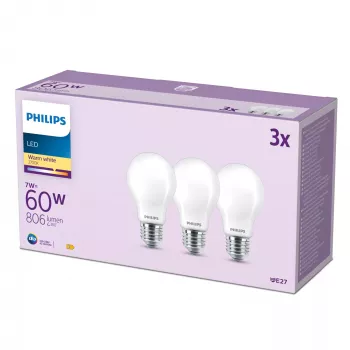 Philips LED kaitrinė lemputė matinė 60W A60 E27 x3, 7 W, 60 W, E27, 806 lm, 15000 h, Šilta balta