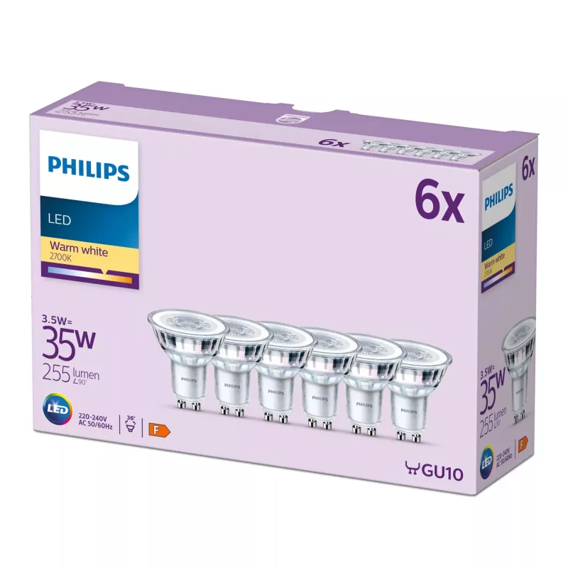 Philips Spot 35W PAR16 GU10 6 vnt., 3.5 W, 35 W, GU10, 255 lm, 15000 h, Šilta balta
