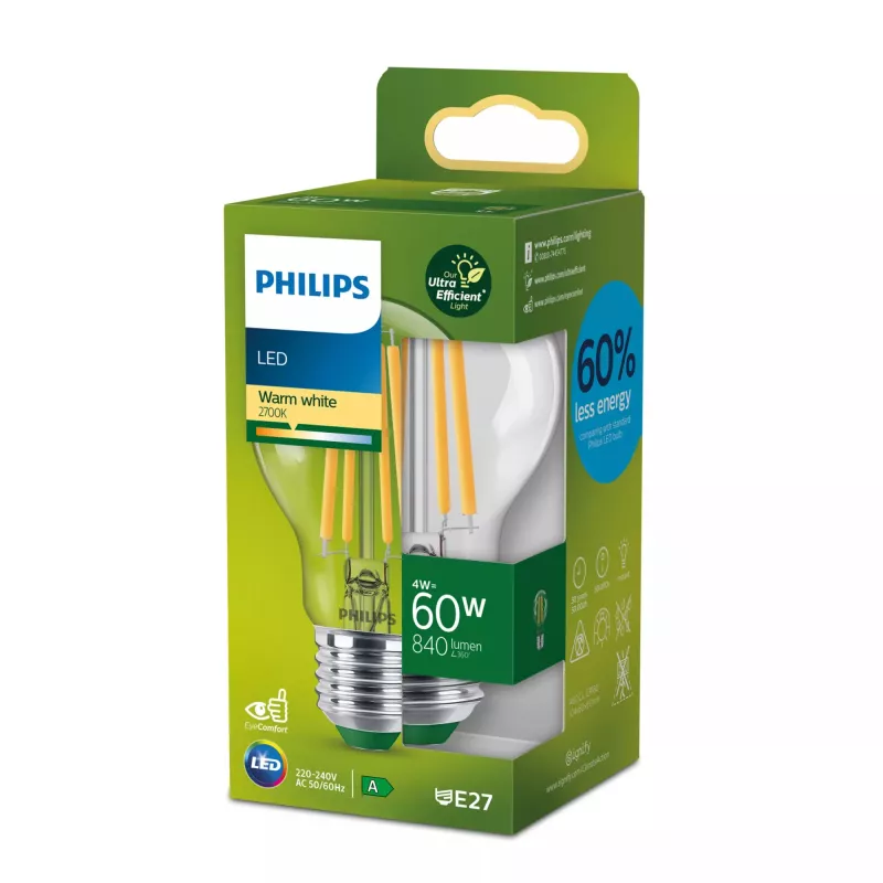 Philips kaitrinė lemputė skaidri 60W A60 E27, 4 W, 60 W, E27, 840 lm, 50000 h, šilta balta