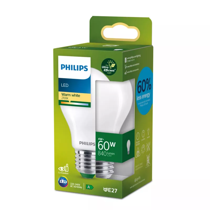 Philips Filament Lemputė Matinė 60W A60 E27, 4 W, 60 W, E27, 840 lm, 50000 h, Šilta balta