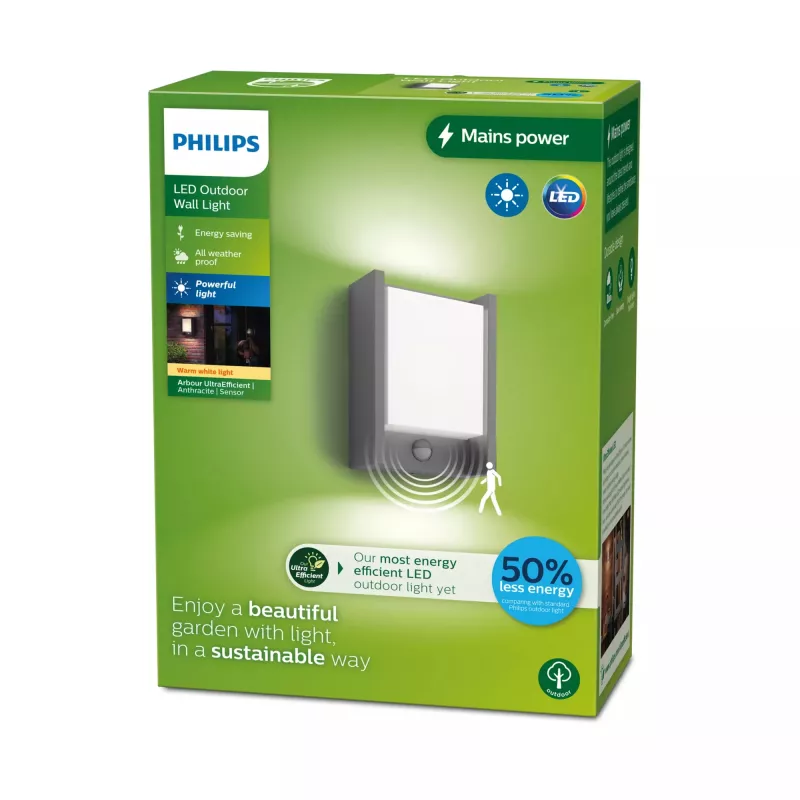 Philips Arbour LED lauko sieninis šviestuvas 3,8W, antracitas, metalas, IP44, su judesio davikliu