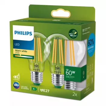 Philips Filament Bulb Clear 60W A60 E27 x2, 4 W, 60 W, E27, 840 lm, 50000 h, Šilta balta