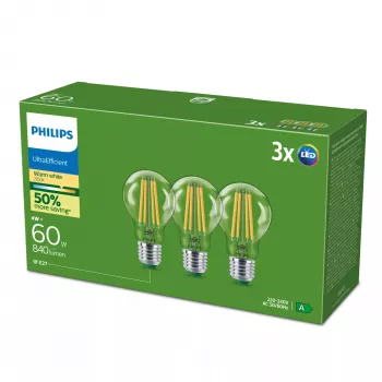LED lemputė Philips Classic 60W atitikmuo, E27, skaidri, šilta balta, 3 vnt., energijos klasė A