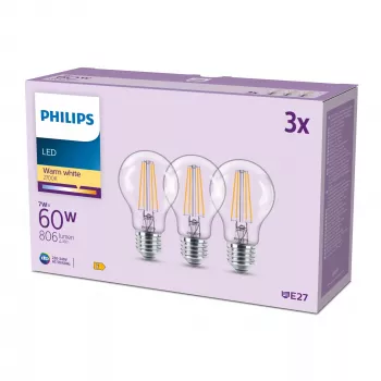 Philips Filament lemputė skaidri 60 W A60 E27 x3, 7 W, 60 W, E27, 806 lm, 15000 h, Šilta balta