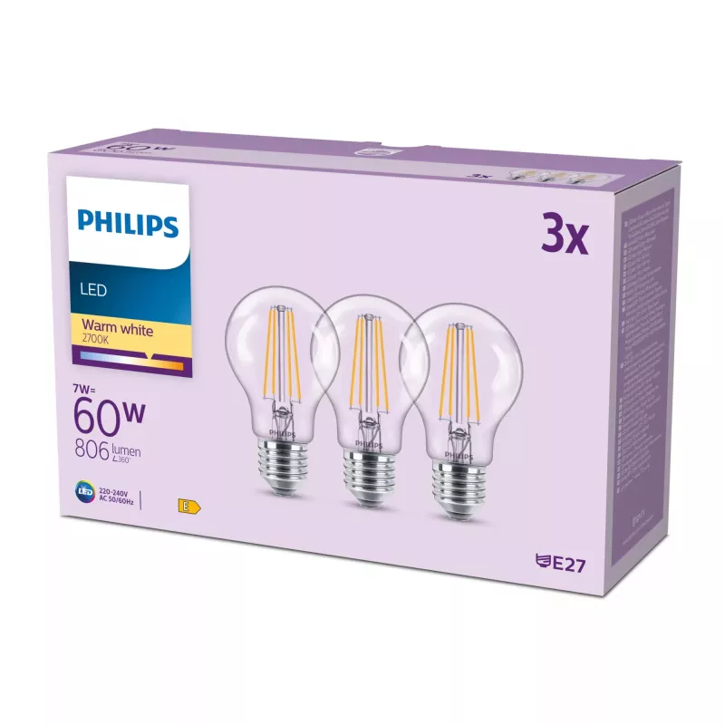 Philips Filament lemputė skaidri 60 W A60 E27 x3, 7 W, 60 W, E27, 806 lm, 15000 h, Šilta balta