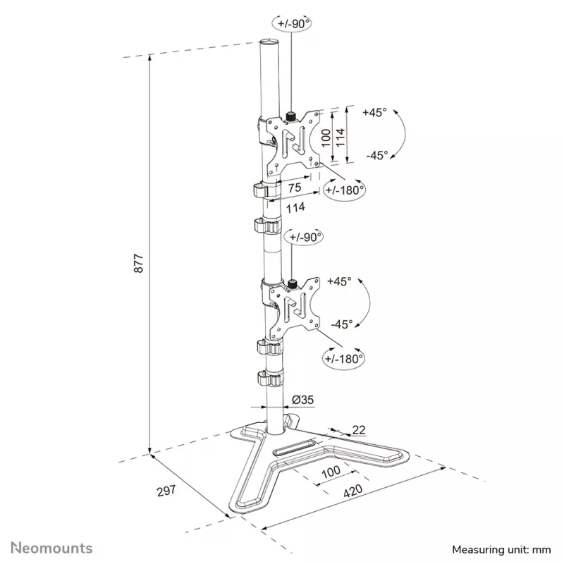 Neomounts DS45-600BL2V dviejų monitorių stovas, 10–32 col., VESA 75×75–100×100, max 9 kg, laisvai pastatomas, juodas