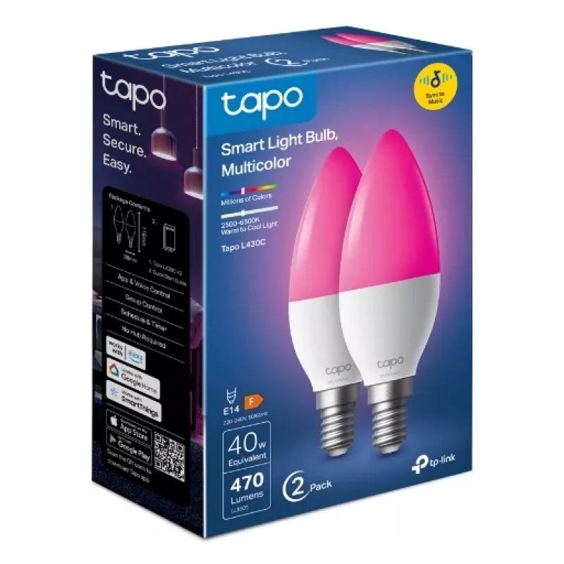 TP-Link Tapo L430C išmanioji lemputė, 2 vnt., daugiaspalvė, E14