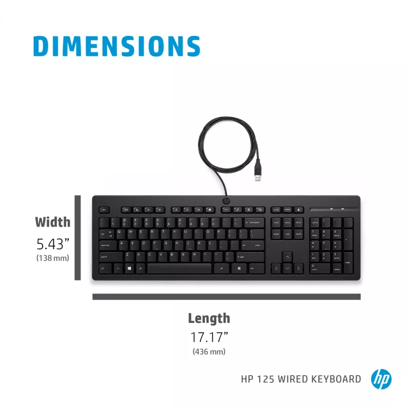 Laidinė klaviatūra HP 125 – Pilno dydžio (100%), USB, membraninė, juoda