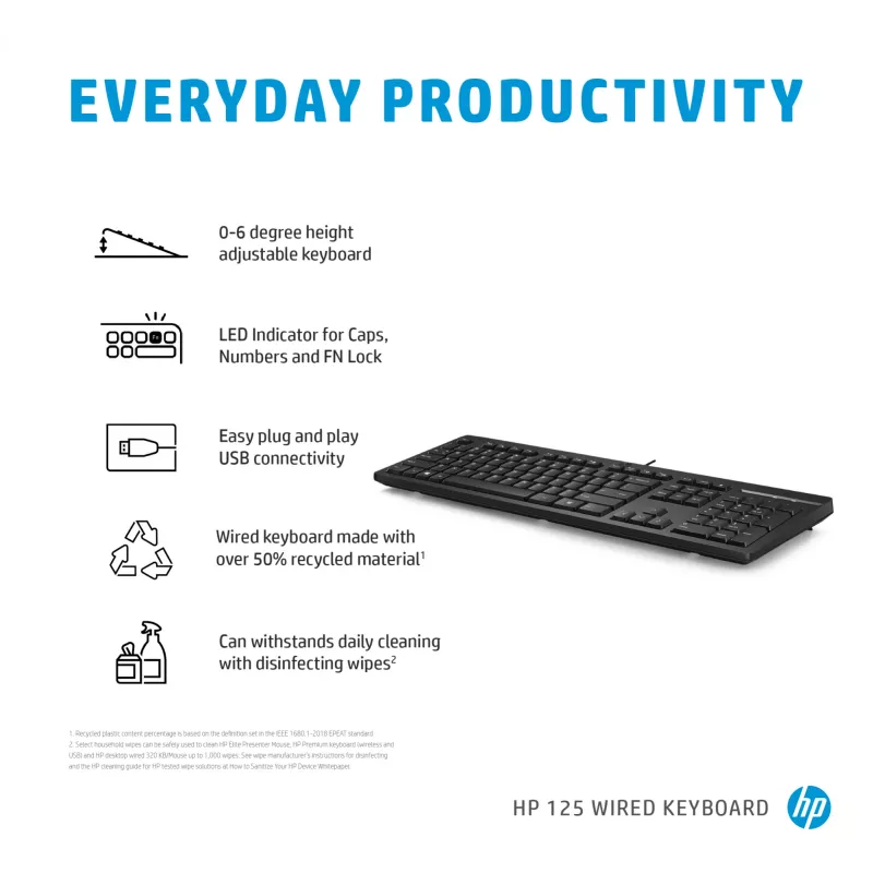 Laidinė klaviatūra HP 125 – Pilno dydžio (100%), USB, membraninė, juoda