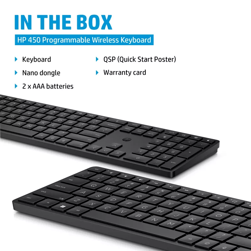 HP 450 Programmable belaidė klaviatūra, pilno dydžio, RF belaidė, USB, juoda