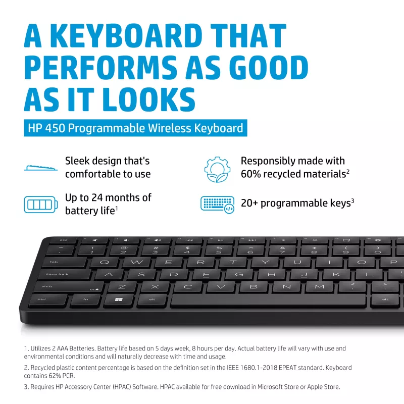 HP 450 Programmable belaidė klaviatūra, pilno dydžio, RF belaidė, USB, juoda