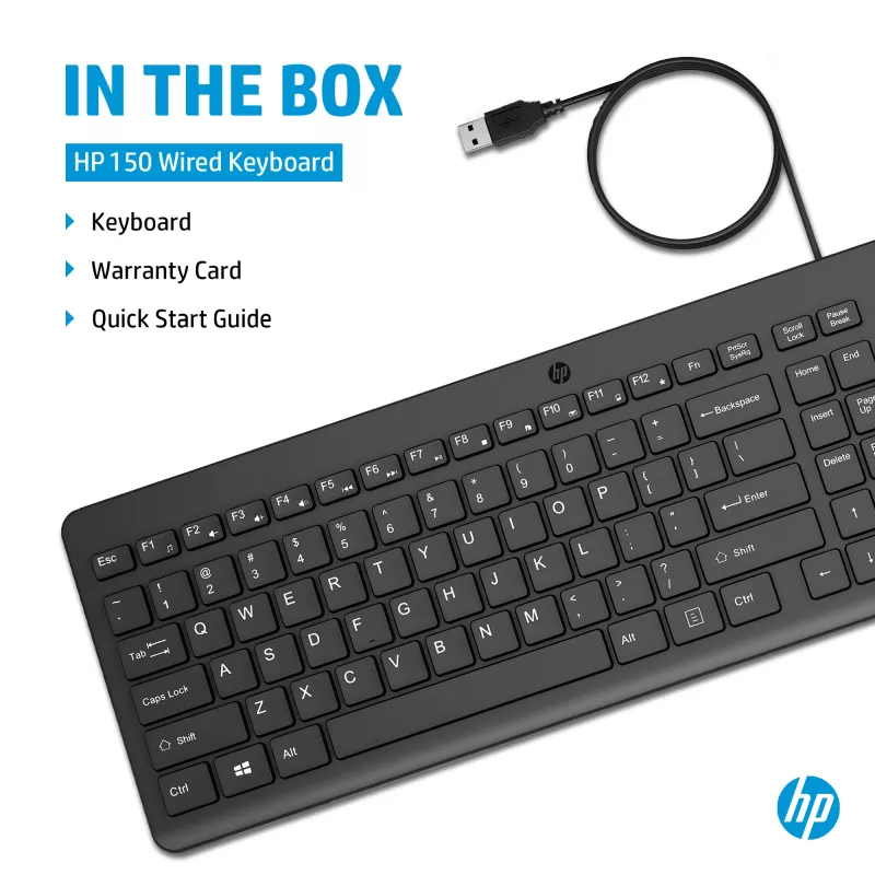 HP 150 laidinė klaviatūra, pilno dydžio USB, juoda, 1 m laidas
