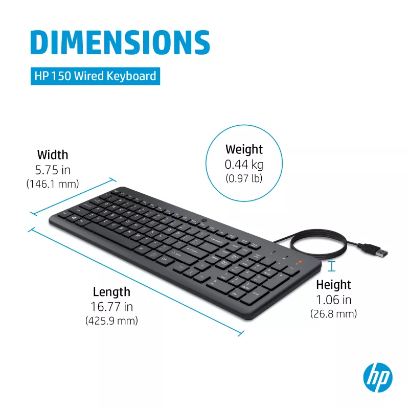 HP 150 laidinė klaviatūra, pilno dydžio USB, juoda, 1 m laidas