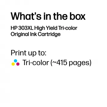 HP 303XL didelės išeigos spalvotas originalus rašalo kasetė, ciangento, raudona, geltona, 1 vnt., 415 puslapių