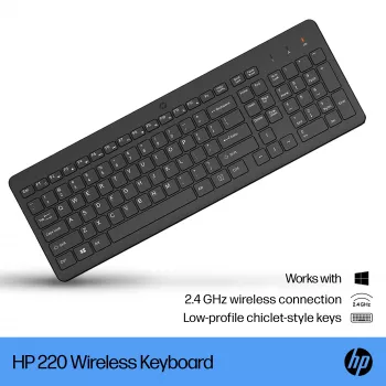 Belaidė klaviatūra HP 220, pilno dydžio, juoda, membraninė, namų naudojimui