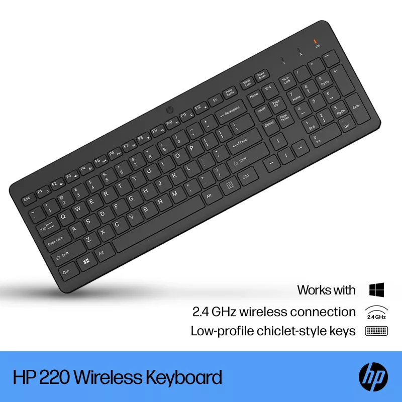 Belaidė klaviatūra HP 220 Wireless Keyboard – pilno dydžio (100%), RF belaidė, membraninė, juoda