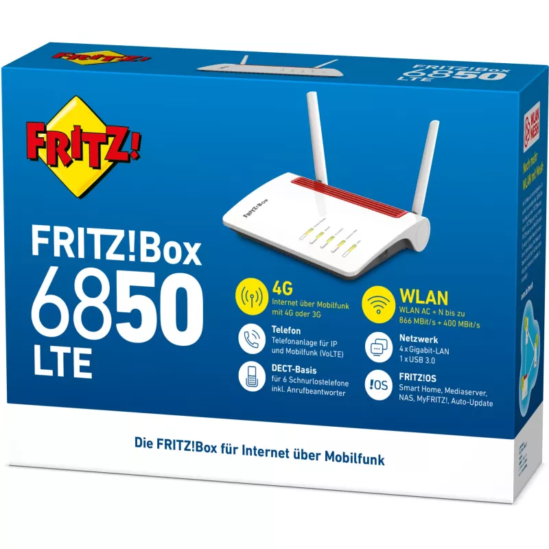 FRITZ!Box 6850 LTE maršrutizatorius, belaidis, Gigabit Ethernet, dviejų juostų (2,4 GHz / 5 GHz), 4G, baltas