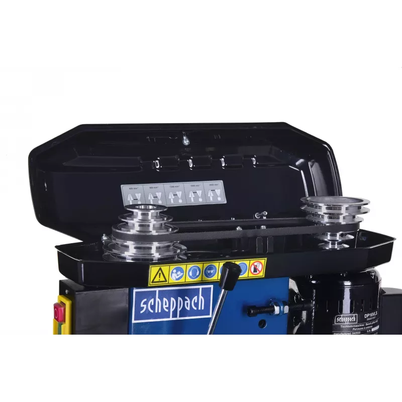 Stalinis gręžimo stovas Scheppach DP16VLS 500W, plieninis korpusas, 230–240V, 2500 RPM, 13 mm griebtuvas, 600×220×435 mm