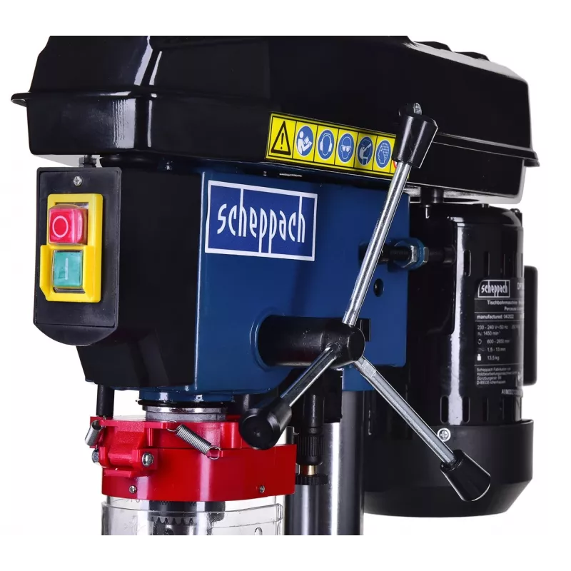 Stalinis gręžimo stovas Scheppach DP16VLS 500W, plieninis korpusas, 230–240V, 2500 RPM, 13 mm griebtuvas, 600×220×435 mm