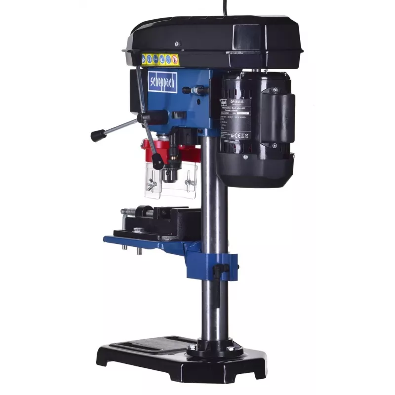 Stalinis gręžimo stovas Scheppach DP16VLS 500W, plieninis korpusas, 230–240V, 2500 RPM, 13 mm griebtuvas, 600×220×435 mm