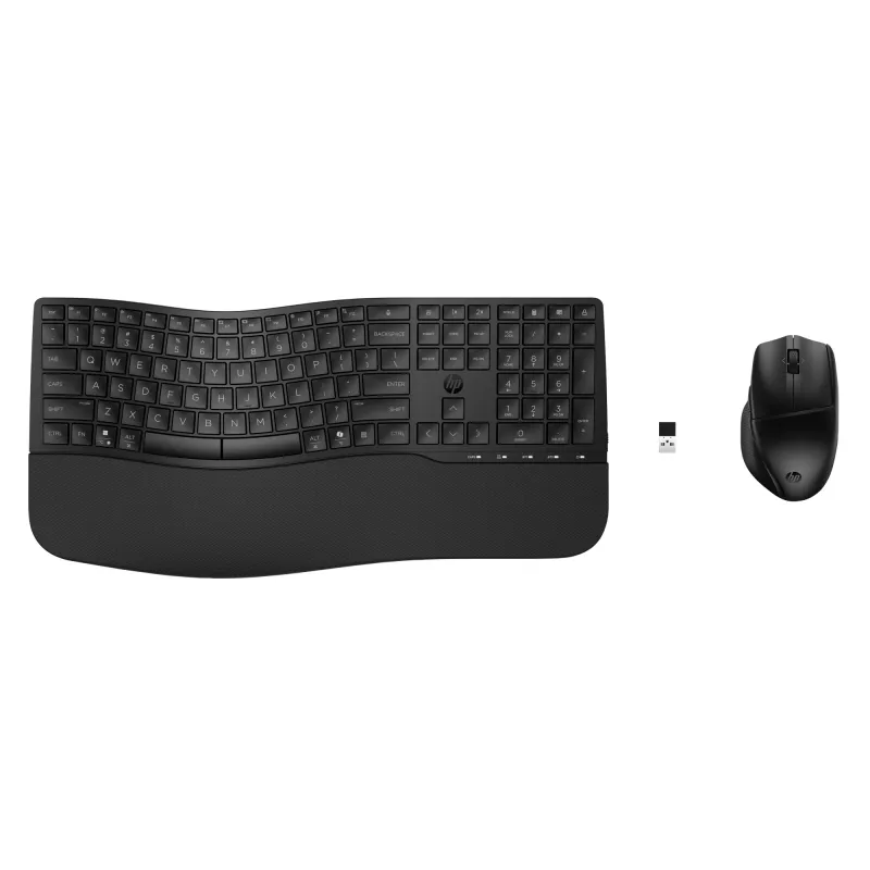 Belaidis klaviatūros ir pelės rinkinys HP 685 Comfort – pilno dydžio lenkta klaviatūra, RF belaidis + Bluetooth, juoda, su pele