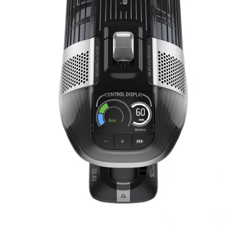 Rowenta X-Force RH9958 2-in-1 lazdelinis dulkių siurblys, 32,4 V, akumuliatorinis, cikloninis, be maišelio, HEPA, 0,9 l, juodas/pilkas